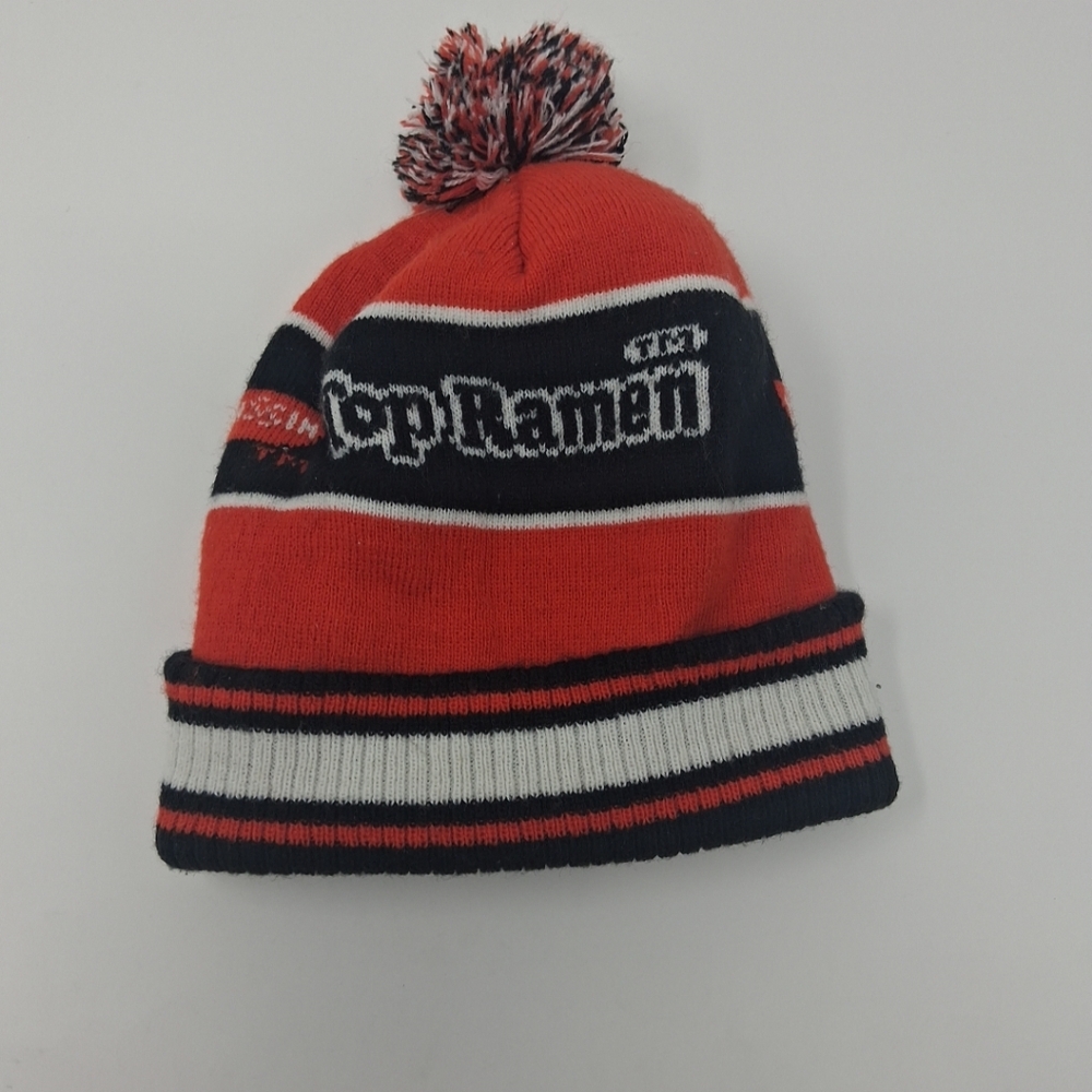 Nissin Top Ramen Pompom Beanie Hat Youth Black Orange OS Adjustable Knitted